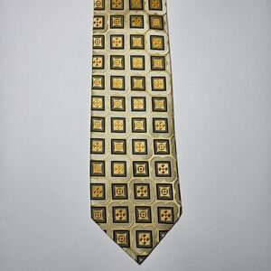 Benchmark Mens Silk Tie Gold Gray‎ Geometric Medallion USA Made Classic Necktie